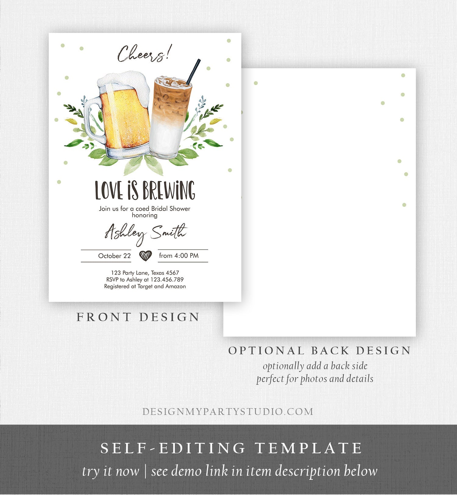 Editable Love is Brewing Invitation Brewing Bridal Shower Invitation Cold Brew Coffee Couples Shower Download Printable Template Corjl 0190
