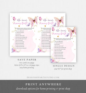 Editable Who Knows Mommy Best Game Butterfly Baby Shower Game Floral Butterflies Lilac Pink Purple Activity Corjl Template Printable 0437