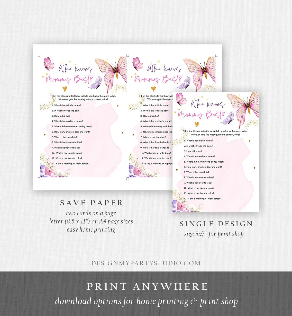Editable Who Knows Mommy Best Game Butterfly Baby Shower Game Floral Butterflies Lilac Pink Purple Activity Corjl Template Printable 0437