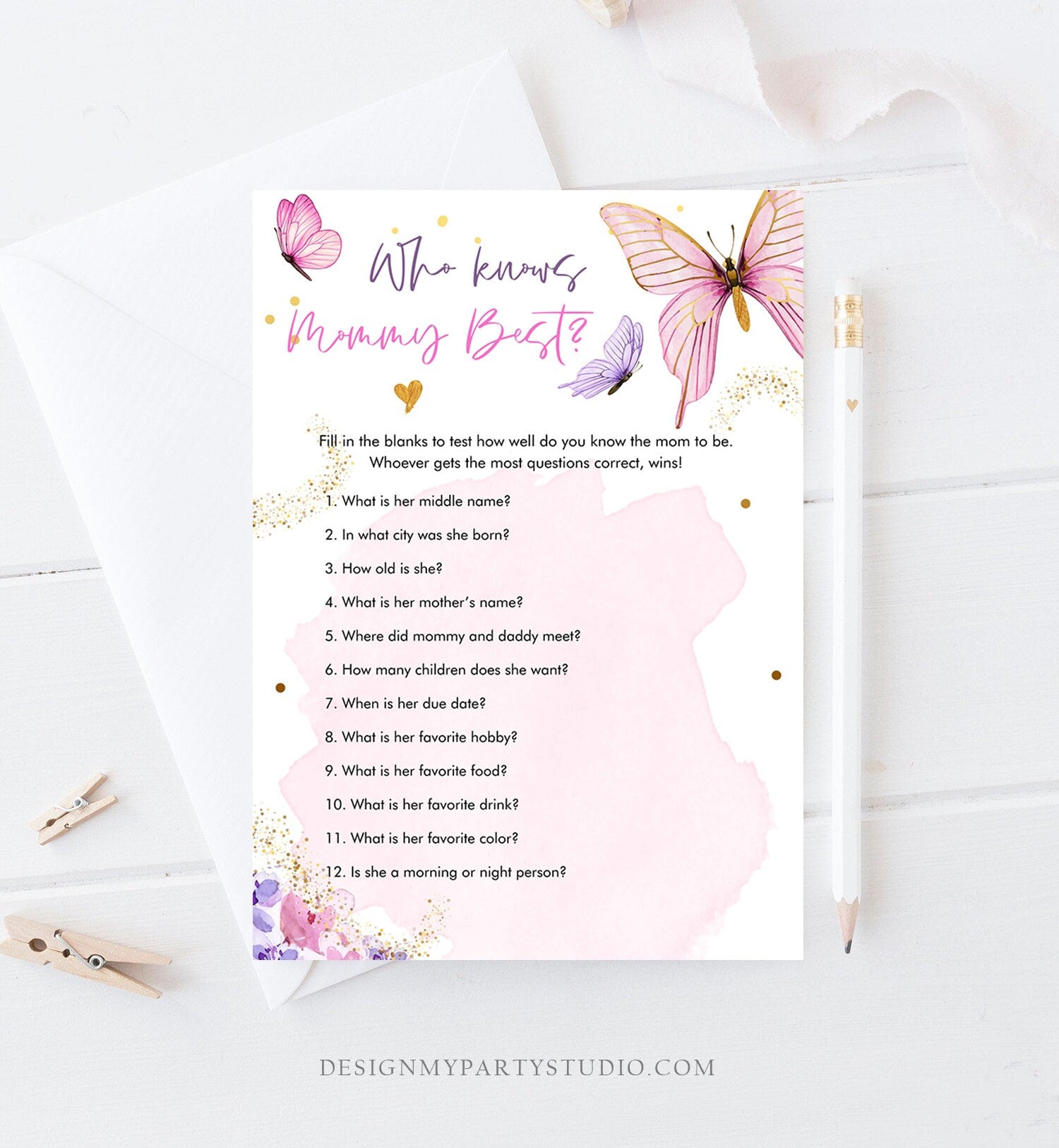 Editable Who Knows Mommy Best Game Butterfly Baby Shower Game Floral Butterflies Lilac Pink Purple Activity Corjl Template Printable 0437