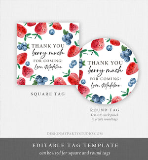 Editable Strawberry Blueberry Favor Tags Berry First Birthday Thank you Stickers Label Berry Farmers Market Template PRINTABLE Corjl 0399