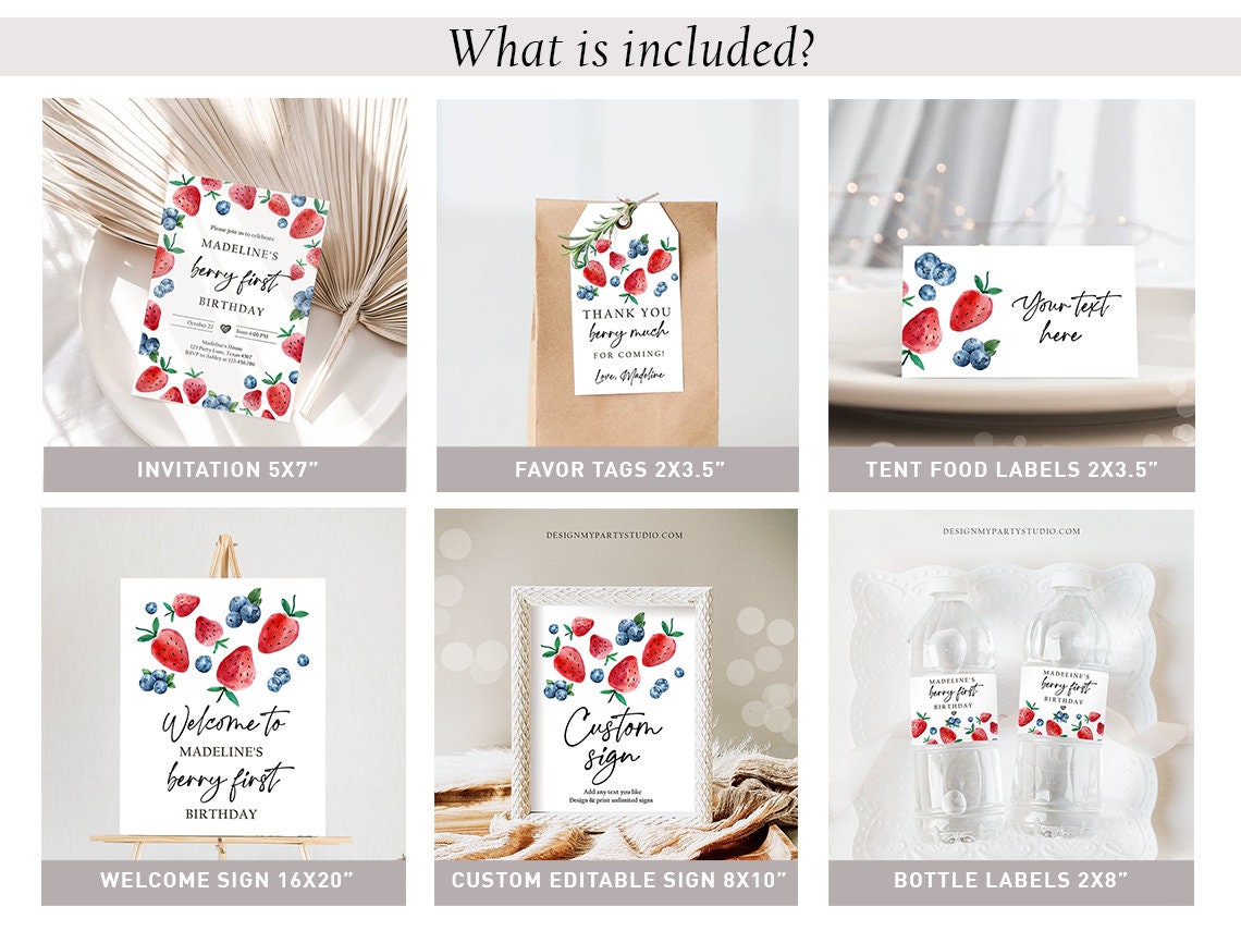 Strawberry Blueberry Birthday Invitation Bundle Berry First Birthday Berry Sweet Party Pack Girl Package 1st Printable Digital Template 0399
