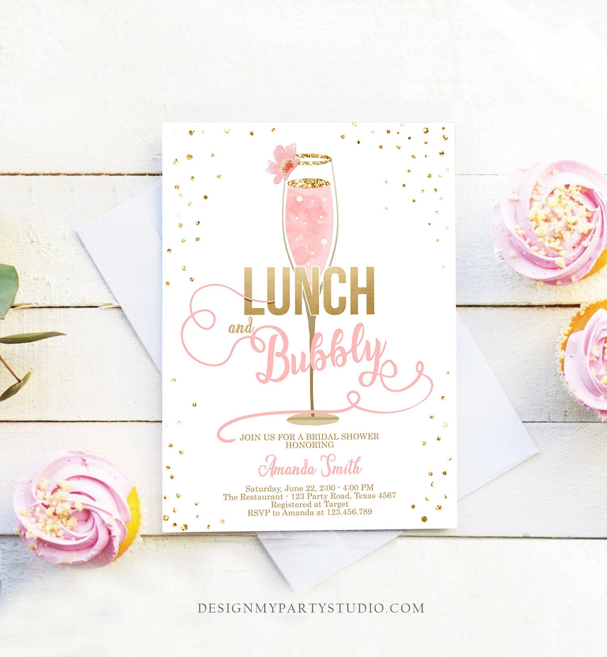 Editable Lunch and Bubbly Bridal Shower Invitation Champagne Gold Pink Wedding Brunch Digital Download Evite Template Printable 0150
