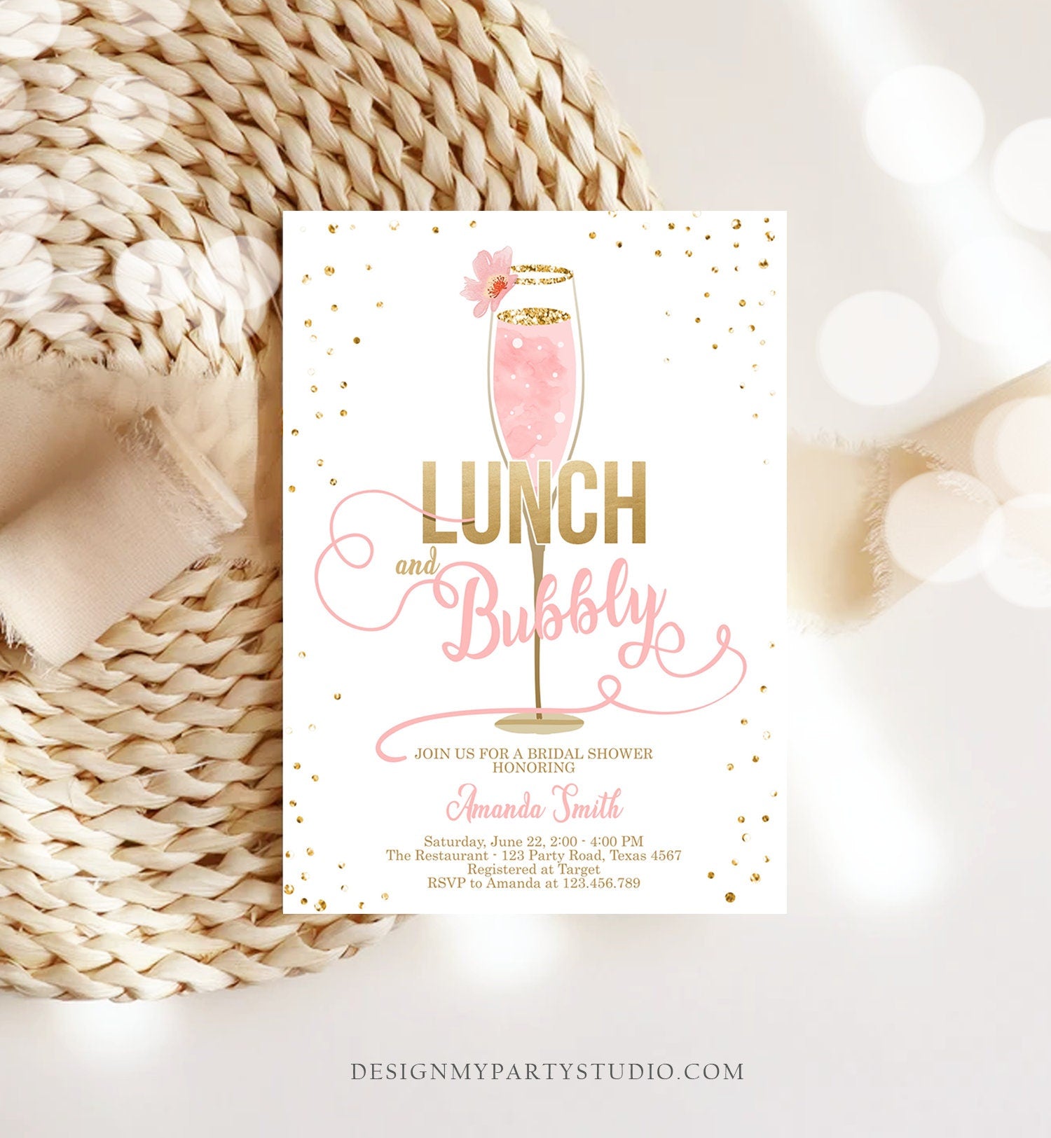 Editable Lunch and Bubbly Bridal Shower Invitation Champagne Gold Pink Wedding Brunch Digital Download Evite Template Printable 0150