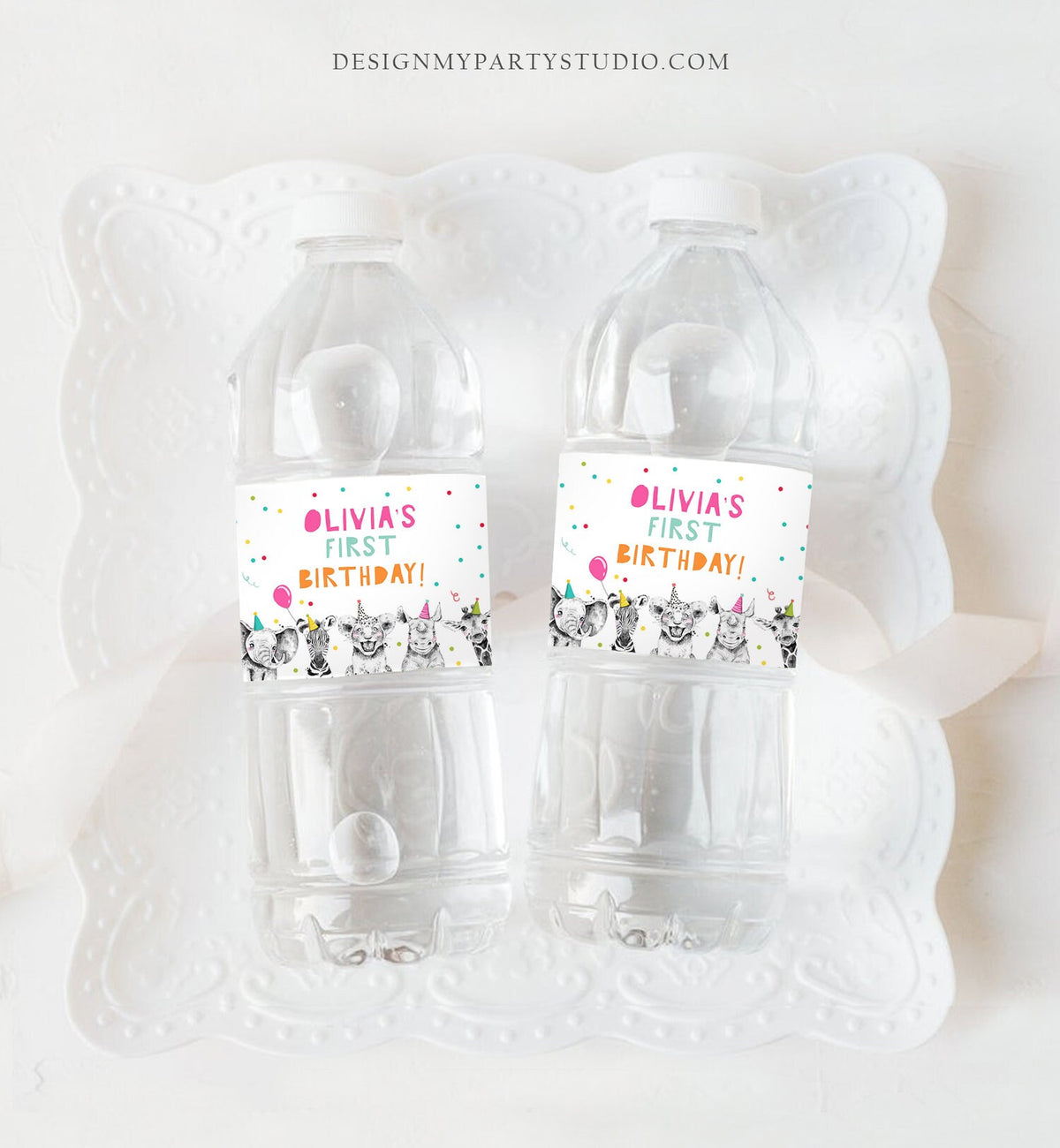 Editable Water Bottle Labels Party Animals Birthday Wild One Birthday Decor Safari Animals Zoo Printable Bottle Wrappers Template Corjl 0390