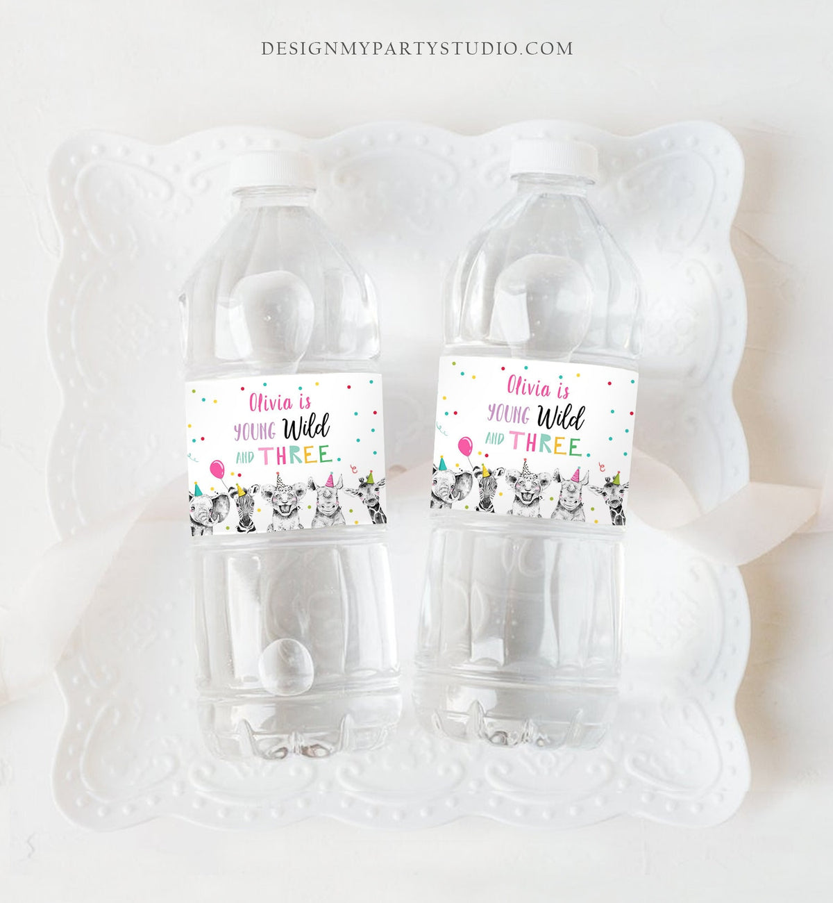 Editable Water Bottle Labels Party Animals Birthday Young Wild and Three Birthday Decor Safari Animals Zoo Printable Template Corjl 0390