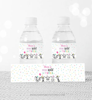 Editable Water Bottle Labels Party Animals Birthday Young Wild and Three Birthday Decor Safari Animals Zoo Printable Template Corjl 0390