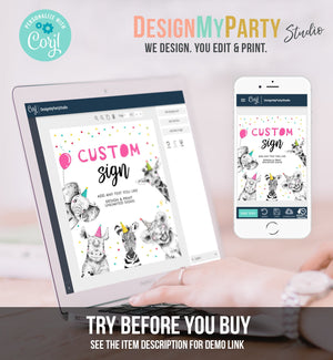 Editable Custom Sign Party Animals Sign Wild One Animals Decor Zoo Safari Animals Girl Table Decoration 8x10 Instant Download PRINTABLE 0390