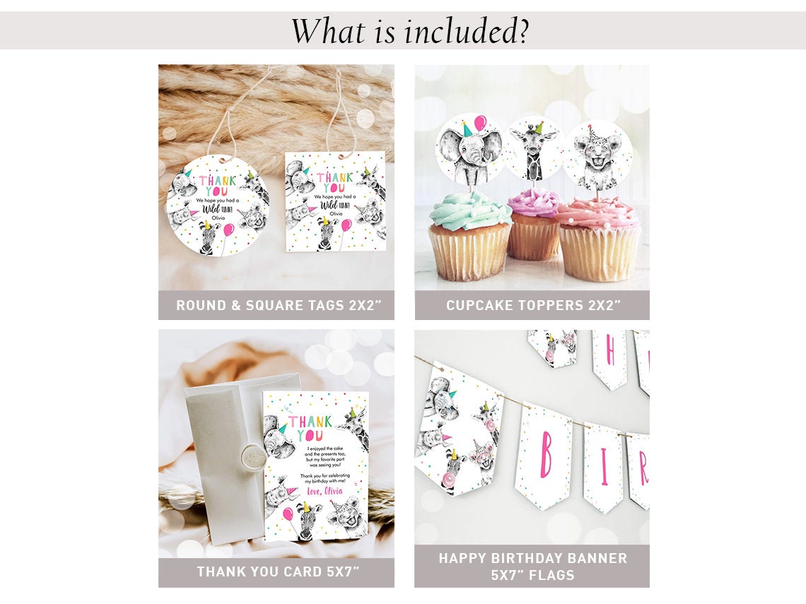 Party Animals Birthday Invitation Bundle Wild One Animals Zoo Safari Animals Girl Two Wild Party Pack Jungle Printable Corjl Template 0390