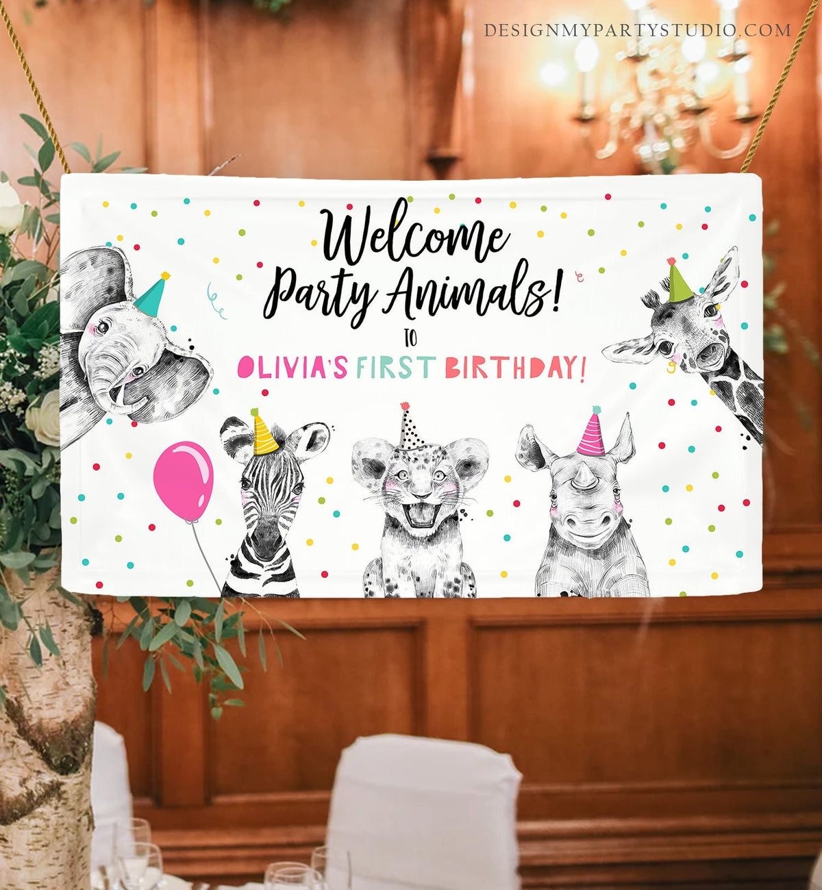 Editable Party Animals Birthday Backdrop Banner Welcome Safari Animals Girl Pink Birthday Sign Digital Download Template Printable 0390