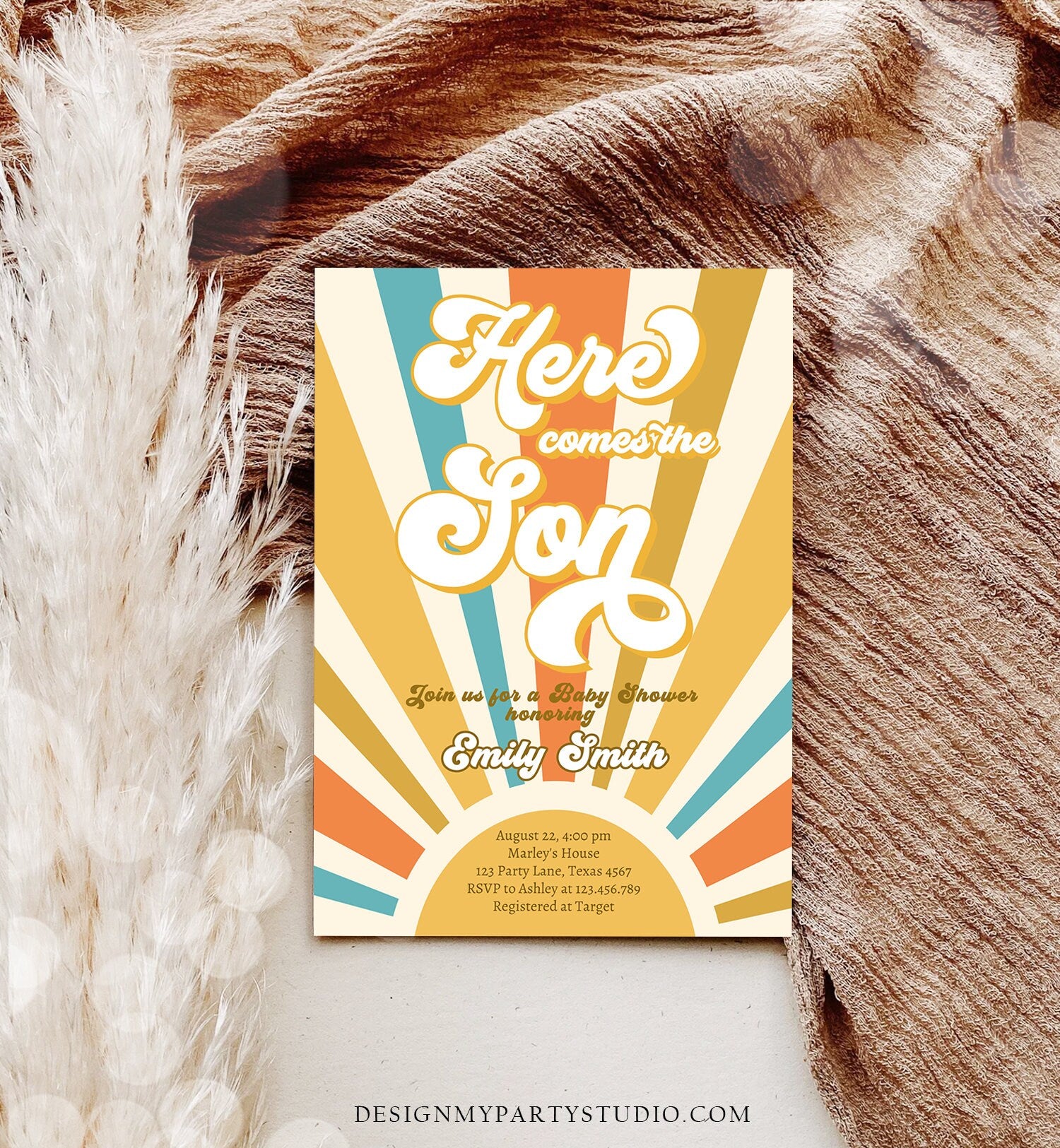 Editable Here Comes the Son Baby Shower Invitation Baby Boy Sunshine Baby Shower Invite Retro Instant Download Digital Corjl Template 0457