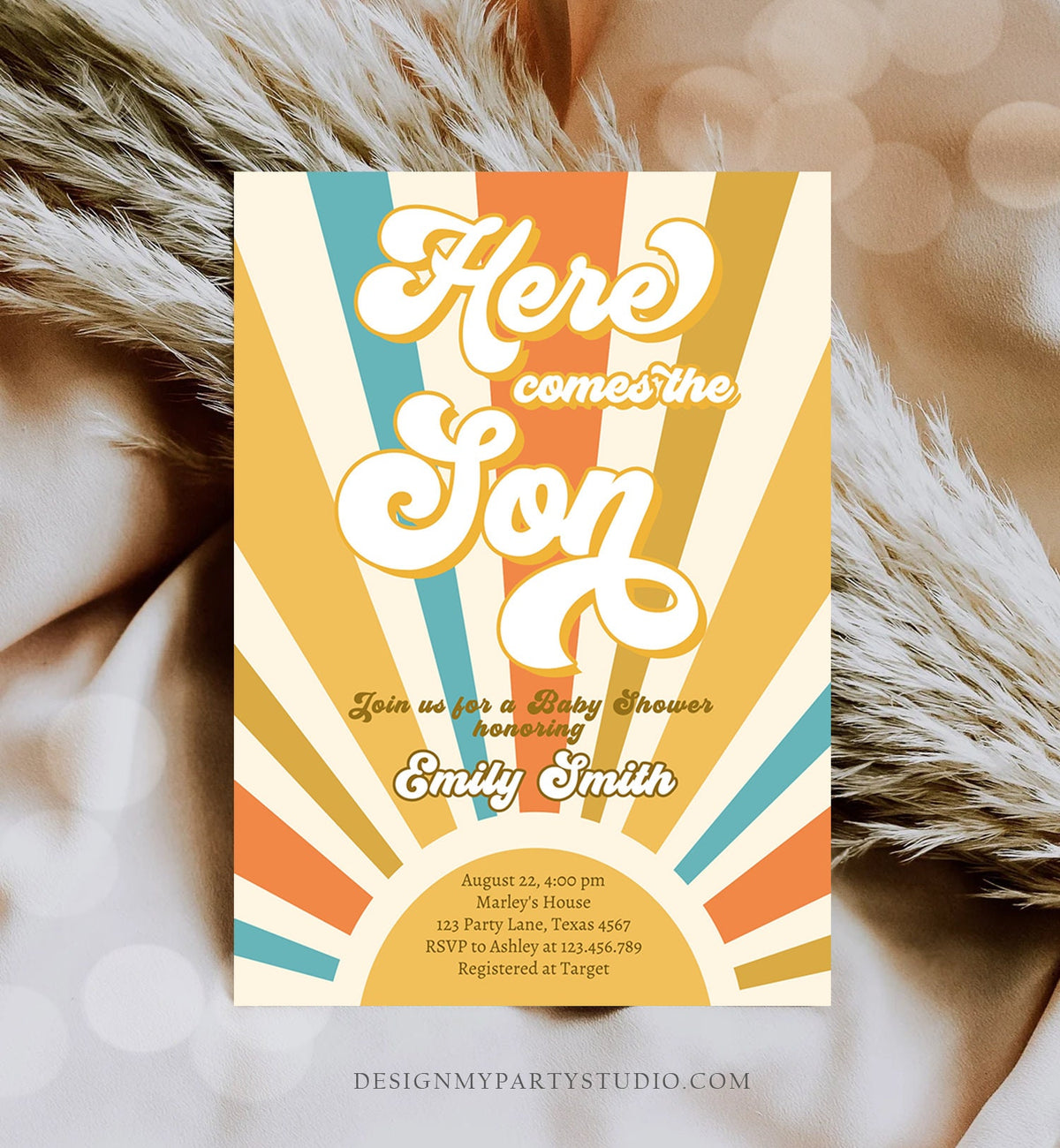 Editable Here Comes the Son Baby Shower Invitation Baby Boy Sunshine Baby Shower Invite Retro Instant Download Digital Corjl Template 0457