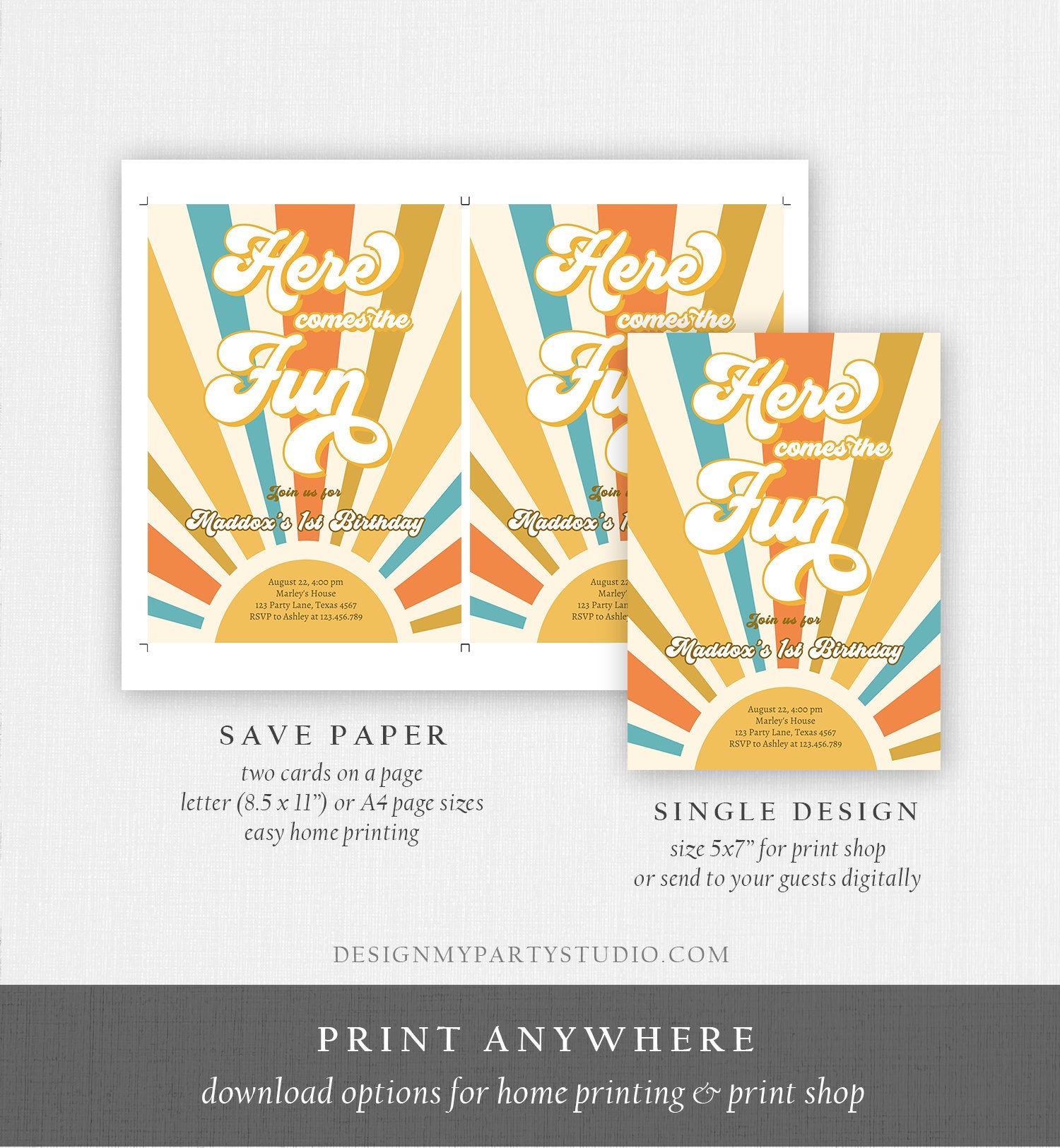 Editable Here Comes the Fun Birthday Invitation 1st Sunshine Birthday Party Boho Retro Son Download Printable Template Digital Corjl 0457