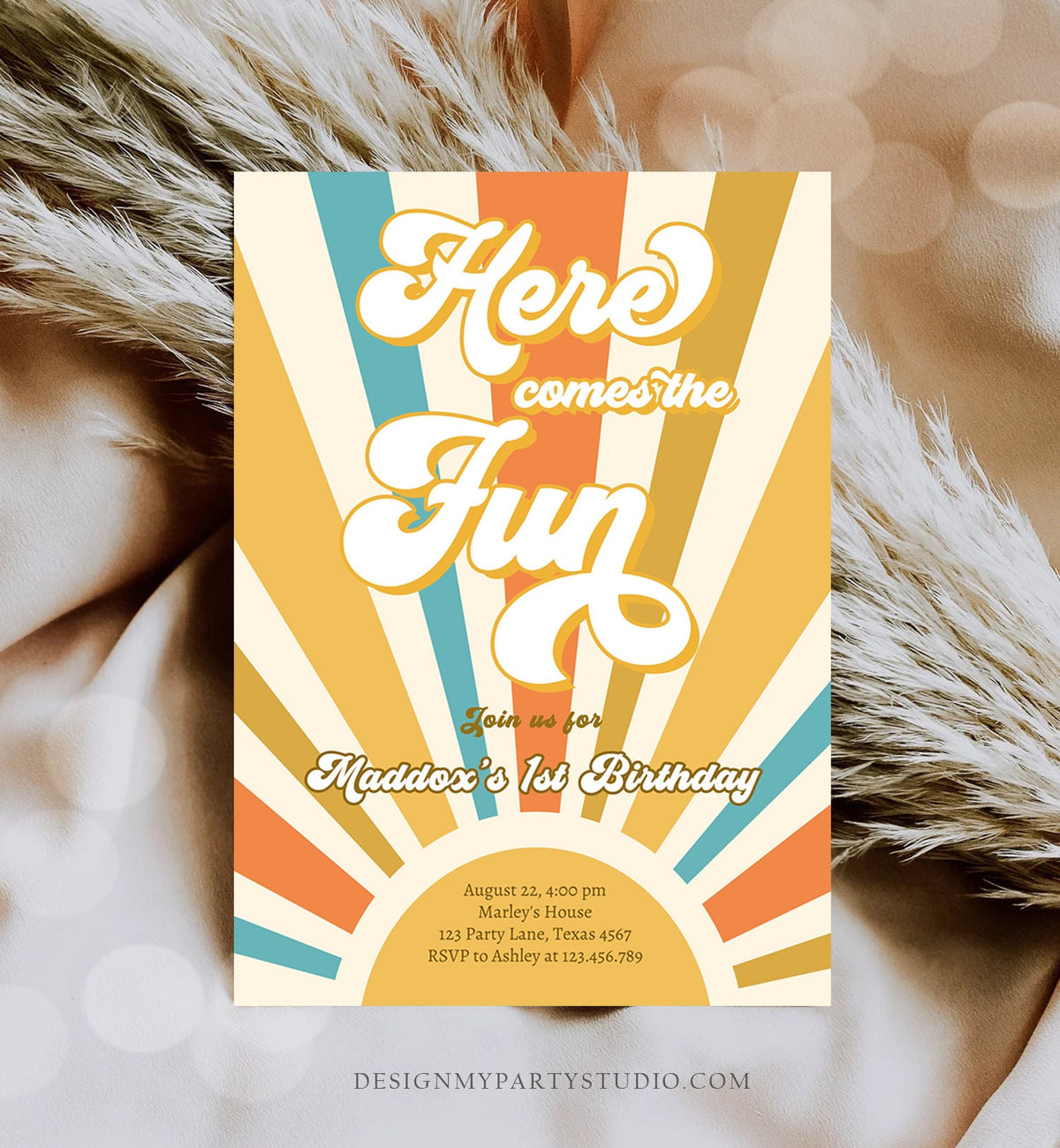 Editable Here Comes the Fun Birthday Invitation 1st Sunshine Birthday Party Boho Retro Son Download Printable Template Digital Corjl 0457