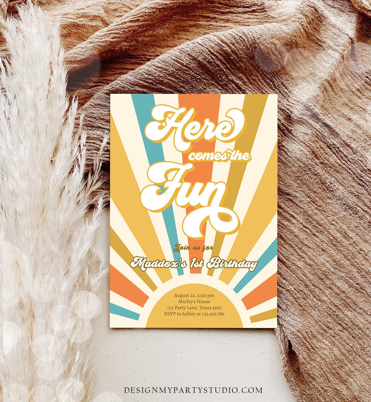 Editable Here Comes the Fun Birthday Invitation 1st Sunshine Birthday Party Boho Retro Son Download Printable Template Digital Corjl 0457