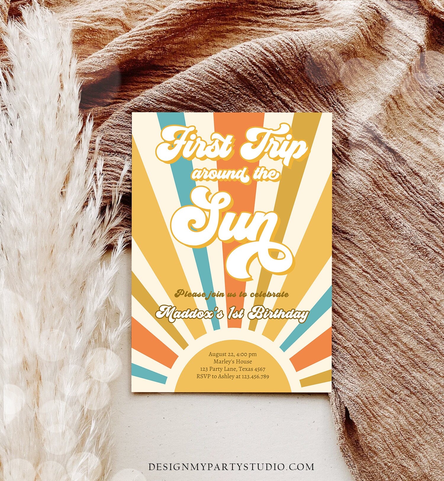 Editable First Trip Around The Sun Birthday Invitation 1st Birthday My Sunshine Boho Retro Digital Download Evite Template Printable 0457