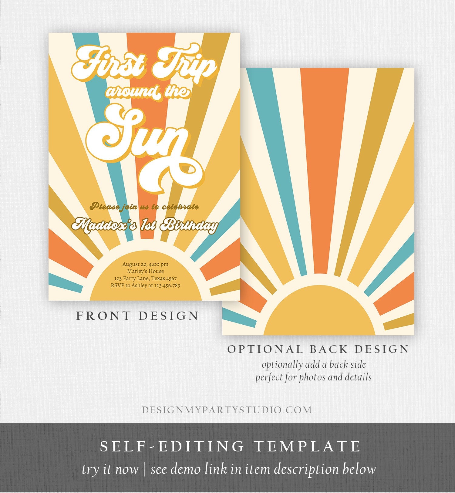 Editable First Trip Around The Sun Birthday Invitation 1st Birthday My Sunshine Boho Retro Digital Download Evite Template Printable 0457