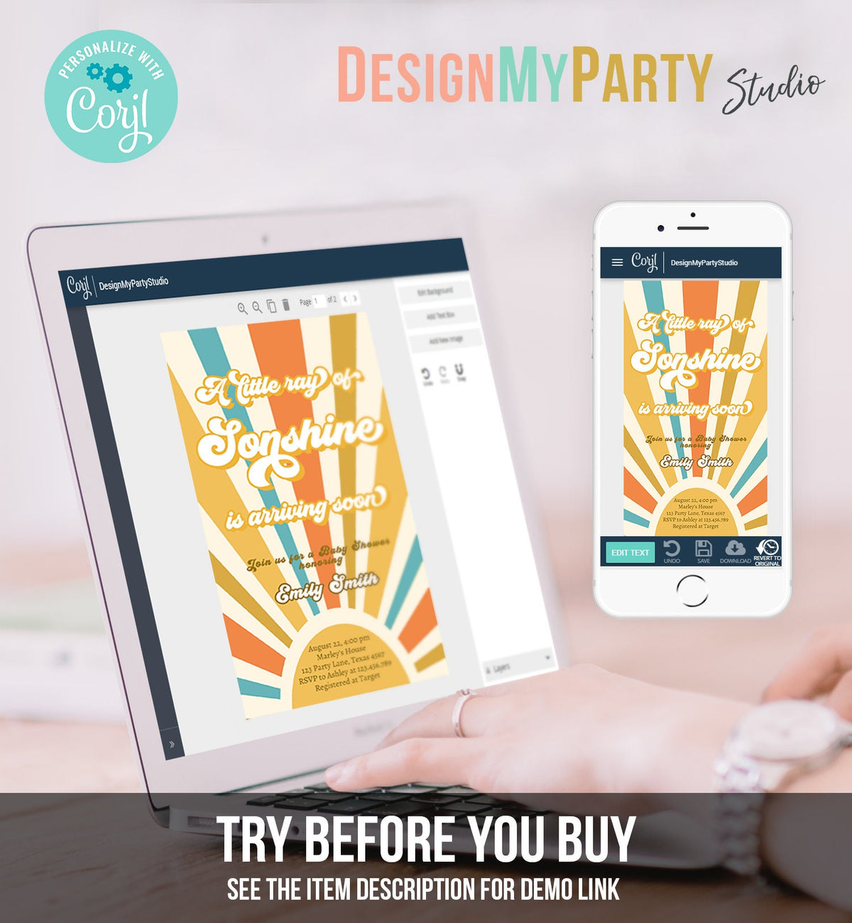 Editable Little Ray of Sonshine Baby Shower Invitation Baby Boy Retro Boho Sunshine Baby Shower Phone Digital Download Evite Template 0457