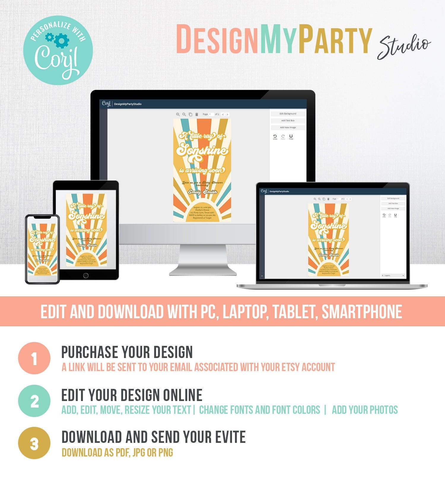 Editable Little Ray of Sonshine Baby Shower Invitation Baby Boy Retro Boho Sunshine Baby Shower Phone Digital Download Evite Template 0457