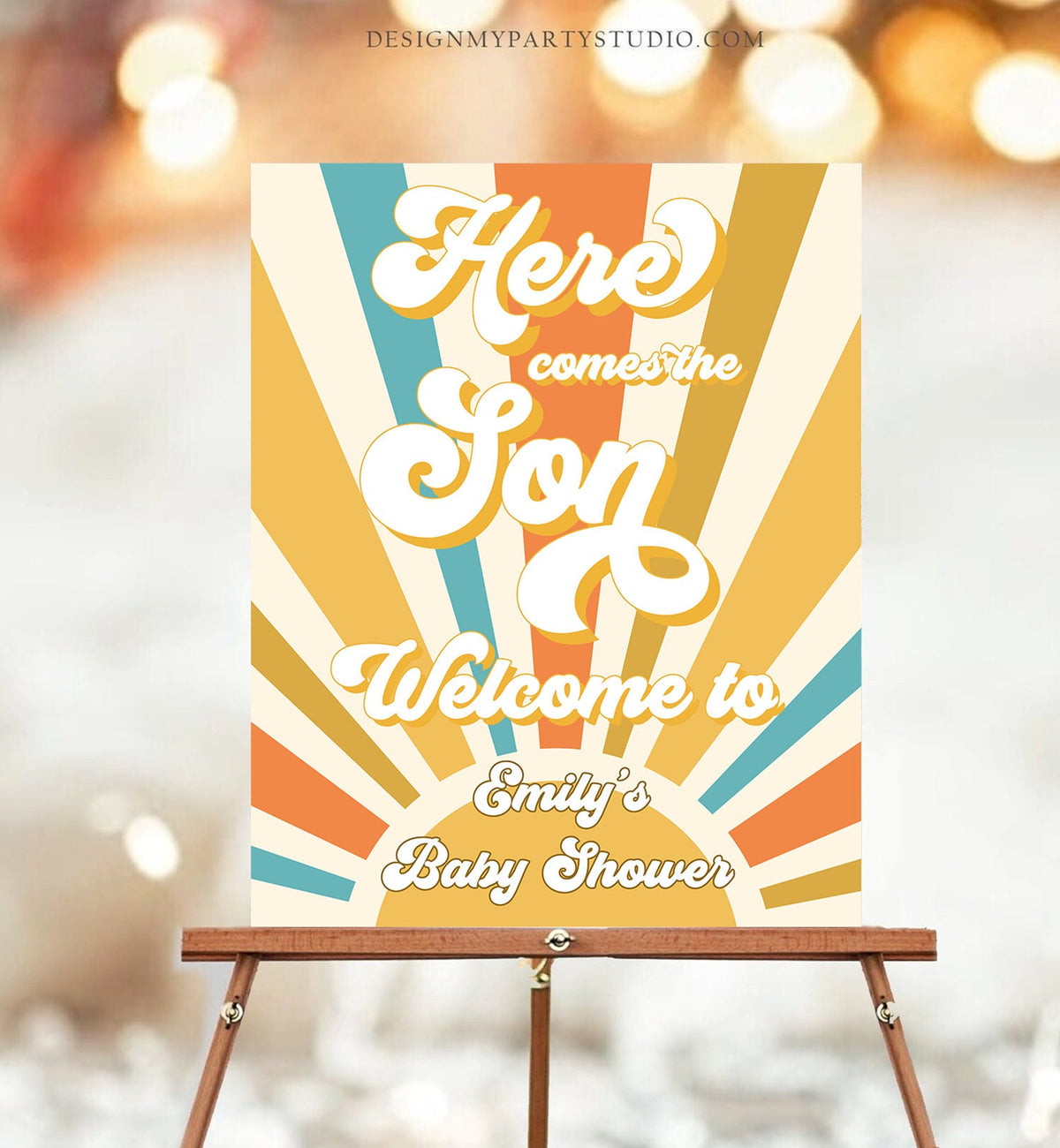 Editable Baby Shower Welcome Sign Sunshine Shower Here Comes the Son Welcome Poster Boy Retro Groovy Decor Corjl Template Printable 0457