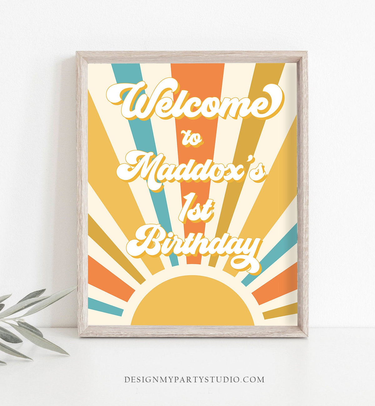Editable Sunshine Birthday Welcome Sign Sun Welcome Poster Boy Retro Groovy Decor First Trip Around the Sun Digital Template Printable 0457