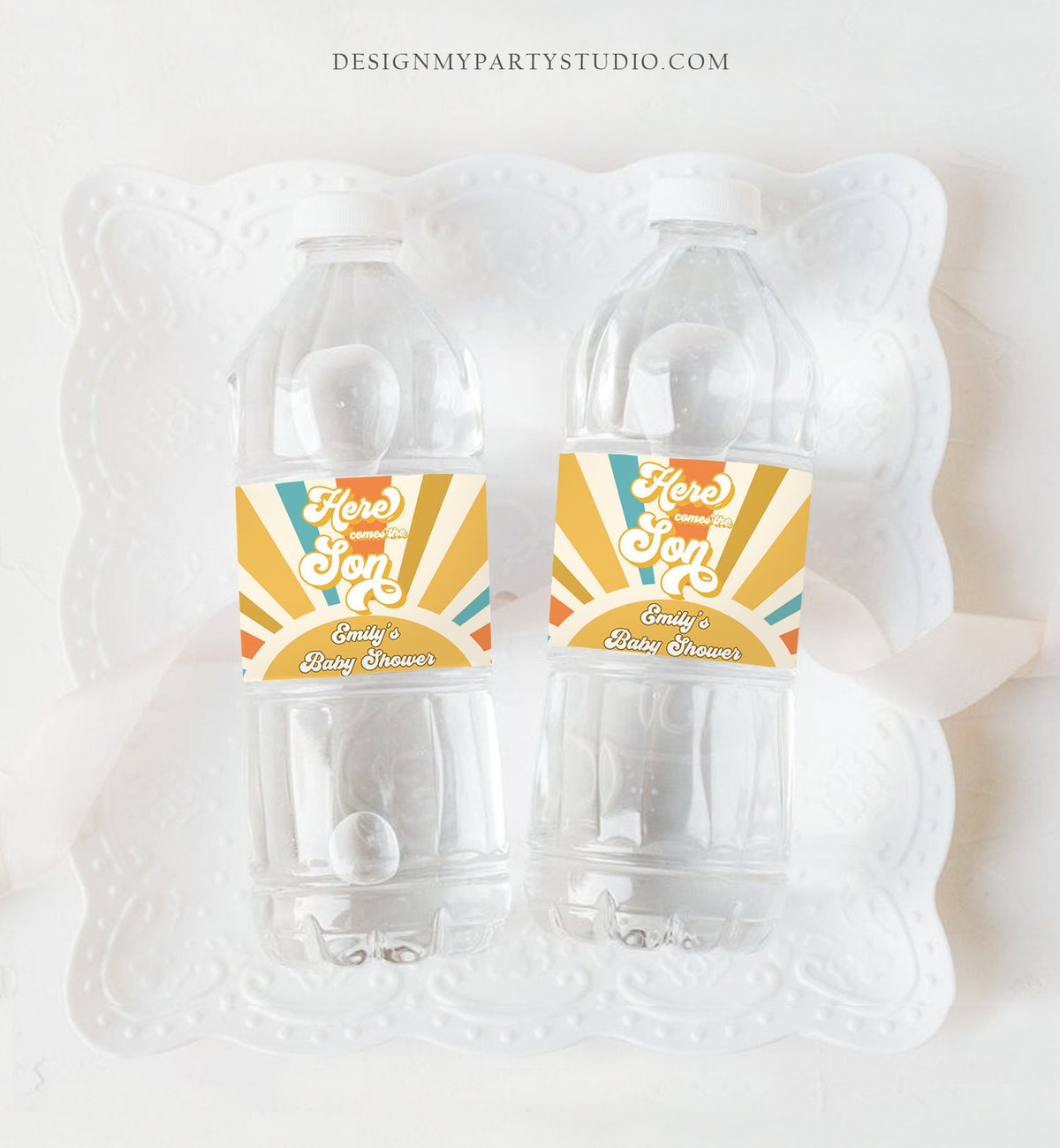 Editable Here Comes the Son Water Bottle Label Boy Retro Sunshine Baby Shower Boho Drink Label Sun Download Printable Template Corjl 0457