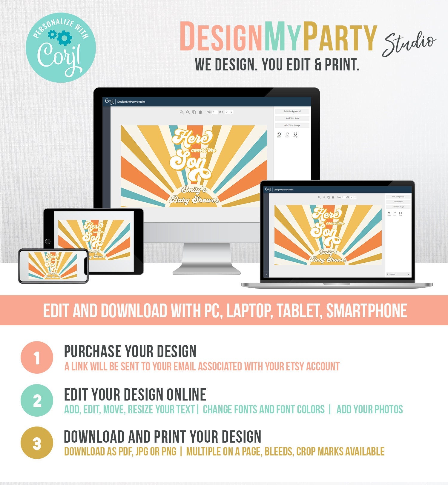 Editable Here Comes the Son Baby Shower Gable Box Sunshine Favor Label Hippie Groovy Gift Boho Boy Digital Download Template Printable 0457