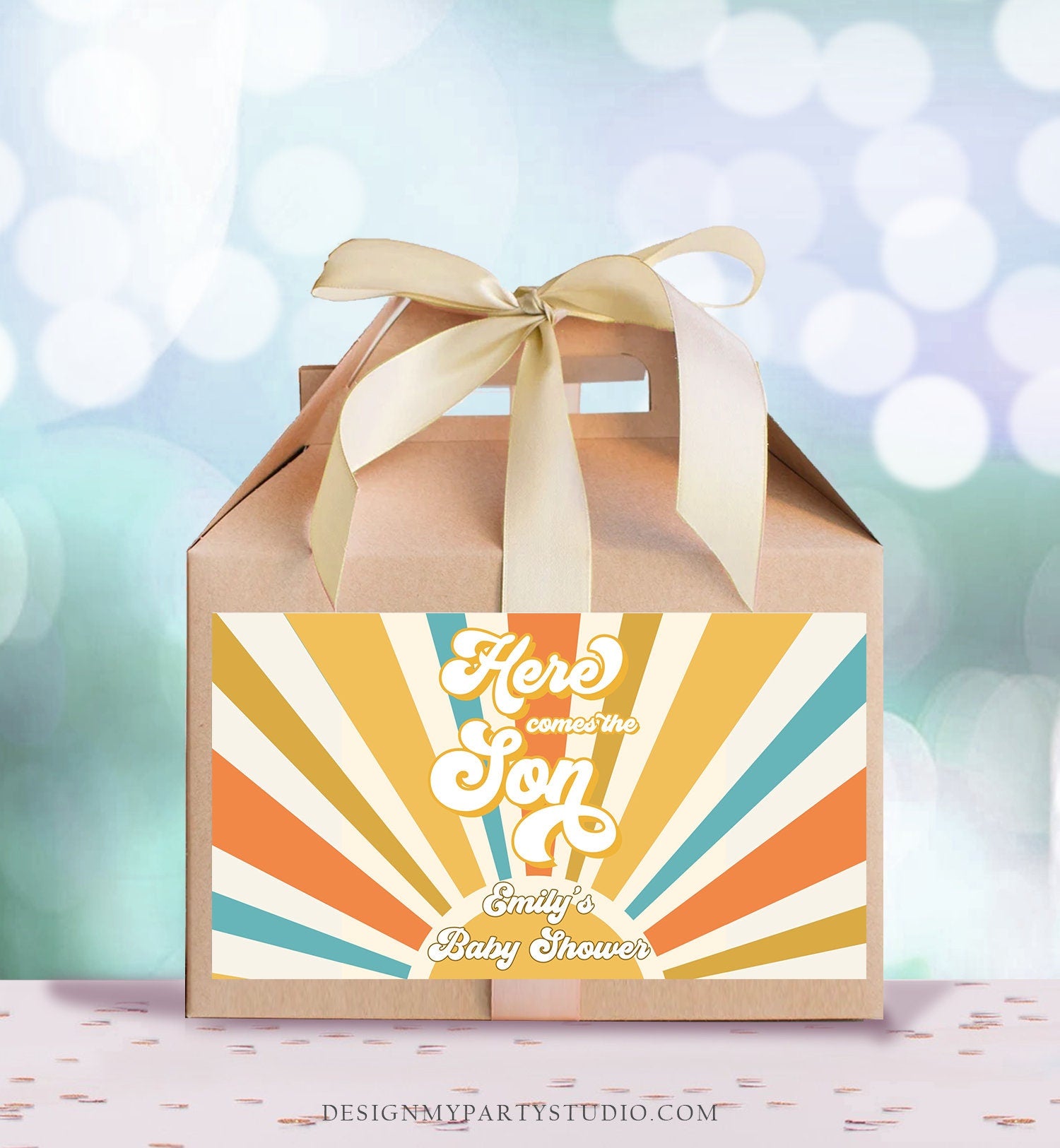 Editable Here Comes the Son Baby Shower Gable Box Sunshine Favor Label Hippie Groovy Gift Boho Boy Digital Download Template Printable 0457