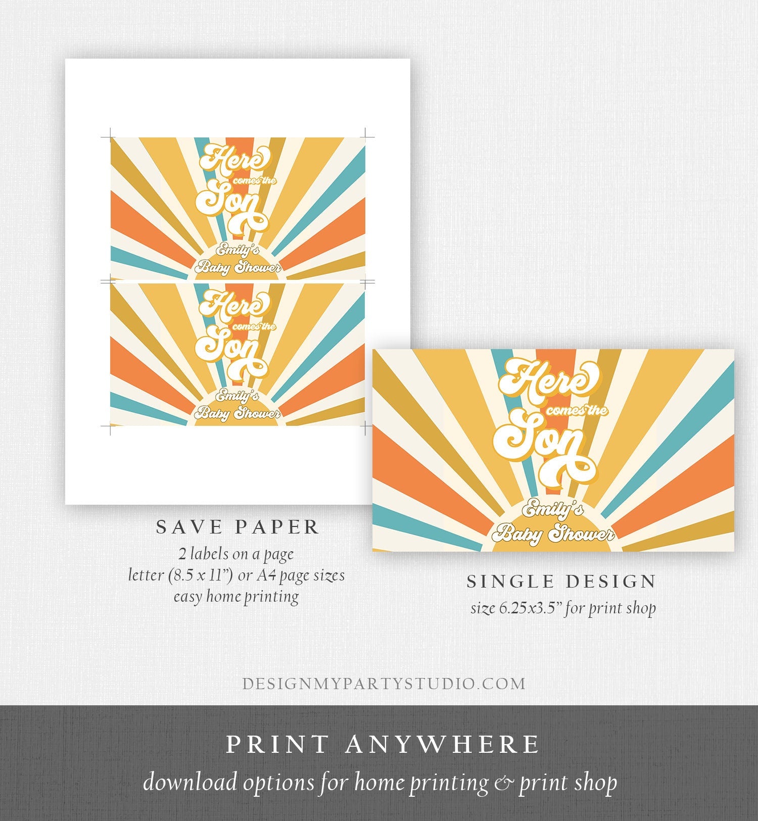 Editable Here Comes the Son Baby Shower Gable Box Sunshine Favor Label Hippie Groovy Gift Boho Boy Digital Download Template Printable 0457