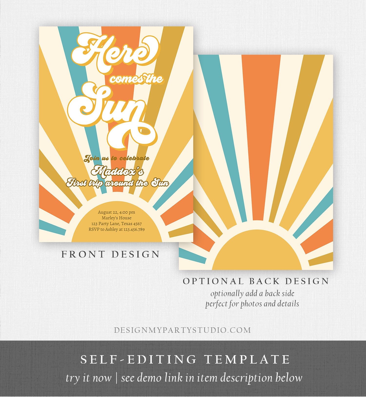 Editable Here Comes The Sun 1st Birthday Invitation My Sunshine Boho Retro First Trip Around the Sun Download Template Digital Corjl 0457