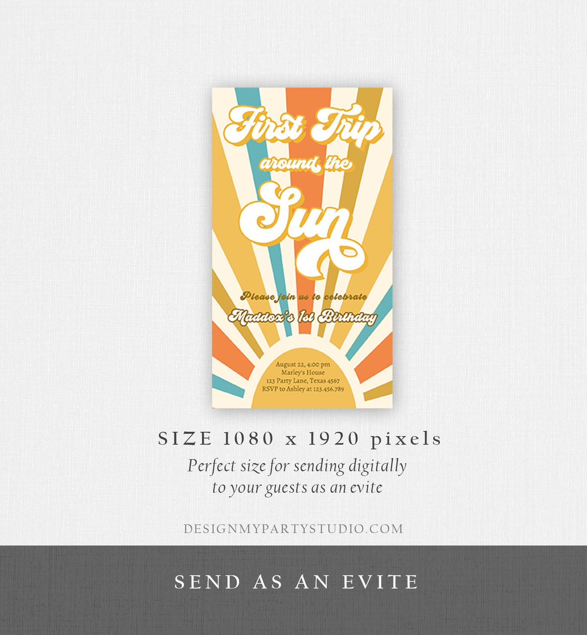 Editable First Trip Around The Sun Birthday Evite 1st Birthday My Sunshine Invitation Boho Retro Phone Download Template Digital Corjl 0457