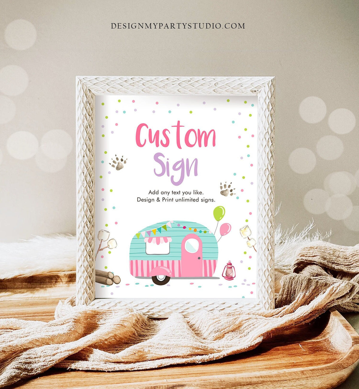 Editable Custom Sign Happy Camper Glamping Camping Birthday Party Girl Pink Outdoor Table Decoration 8x10 Corjl Template PRINTABLE 0342