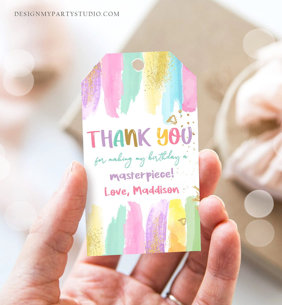 Editable Art Party Favor Tags Painting Party Thank You Tag Gift Tag Art Birthday Girl Pink Craft Paint Brush Corjl Template Printable 0450