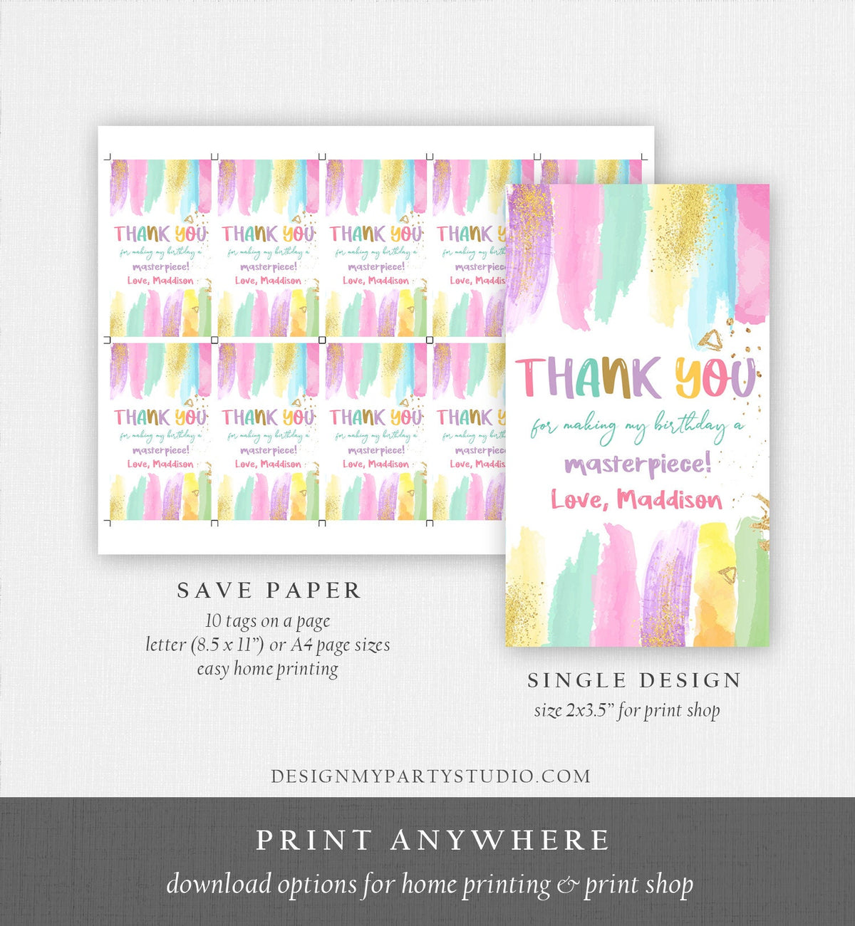 Editable Art Party Favor Tags Painting Party Thank You Tag Gift Tag Art Birthday Girl Pink Craft Paint Brush Corjl Template Printable 0450