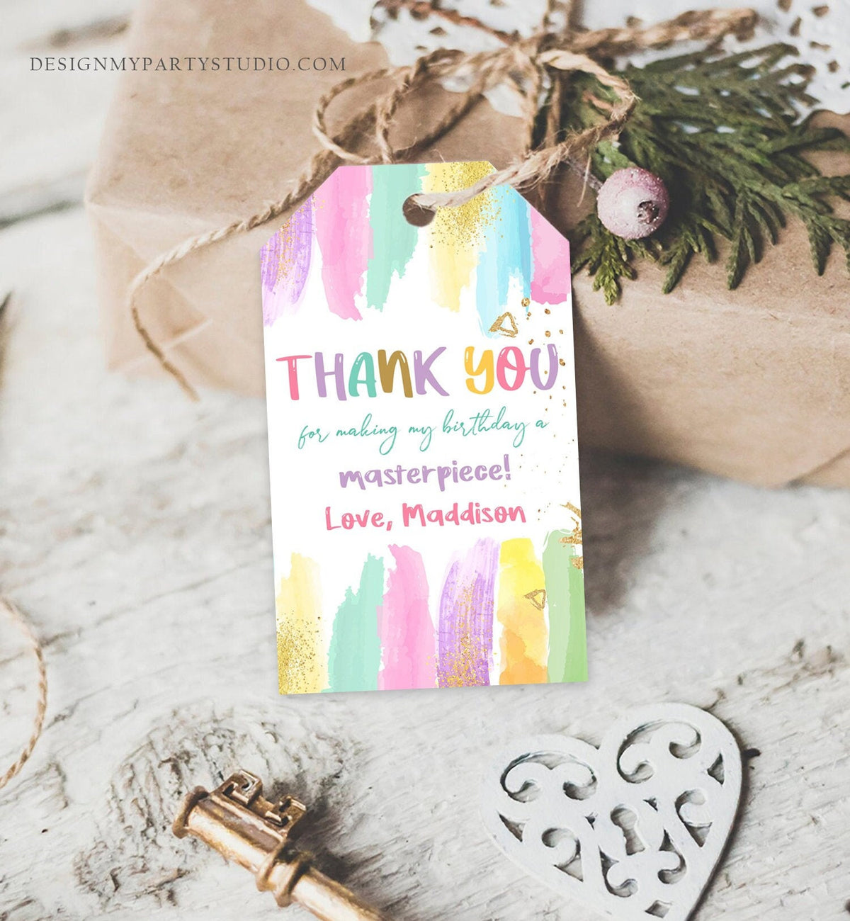 Editable Art Party Favor Tags Painting Party Thank You Tag Gift Tag Art Birthday Girl Pink Craft Paint Brush Corjl Template Printable 0450