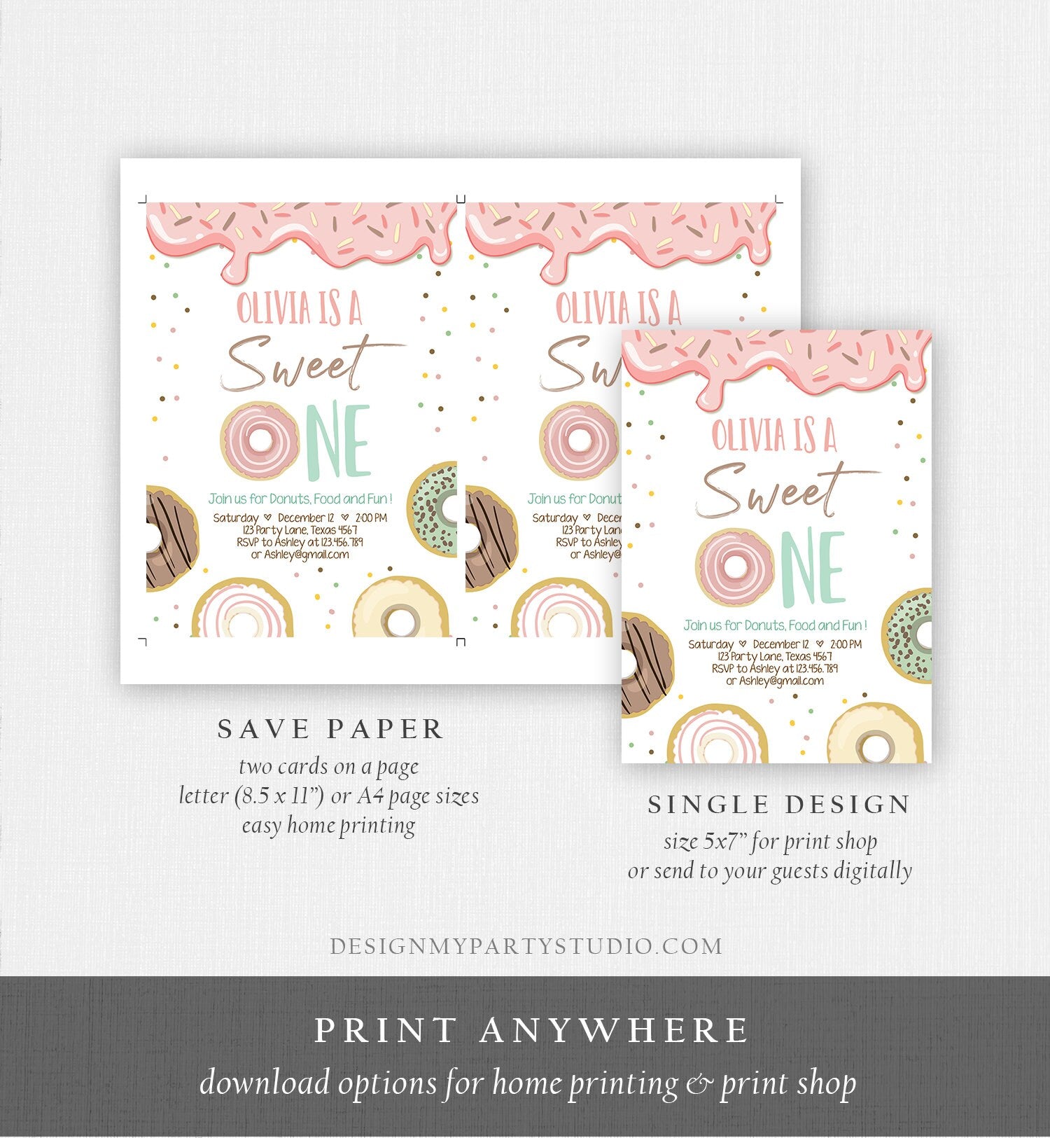 editable-donut-sweet-one-birthday-invitation-first-1st-birthday-party-design-my-party-studio for Donut Birthday Party Invitations Free Printable Editable Donut Sweet One Birthday Invitation First 1st Birthday Party - Design My Party Studio for Donut Birthday Party Invitations Free Printable