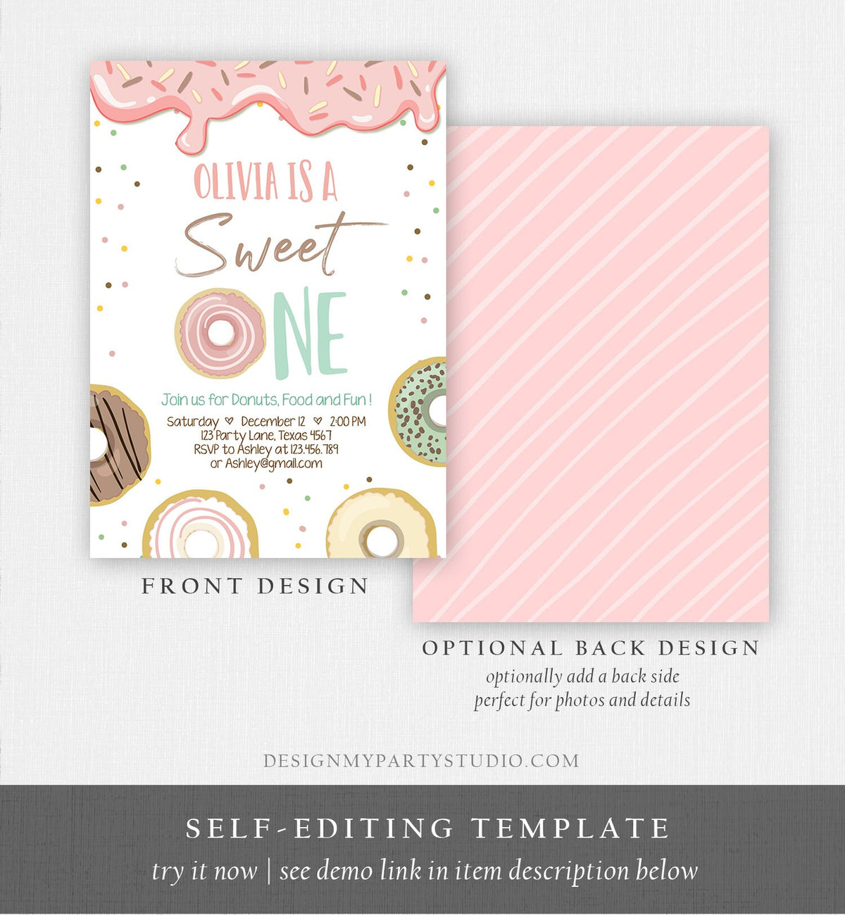 Editable Donut Sweet One Birthday Invitation First 1st Birthday Party Pink Girl Sweet Party Digital Download Printable Template Corjl 0320