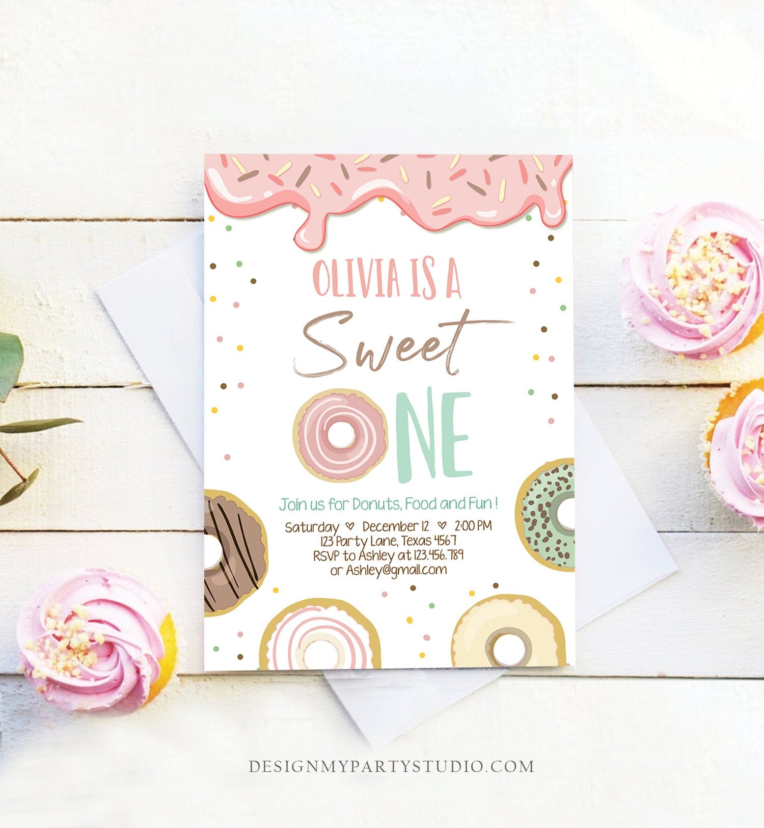 Editable Donut Sweet One Birthday Invitation First 1st Birthday Party Pink Girl Sweet Party Digital Download Printable Template Corjl 0320