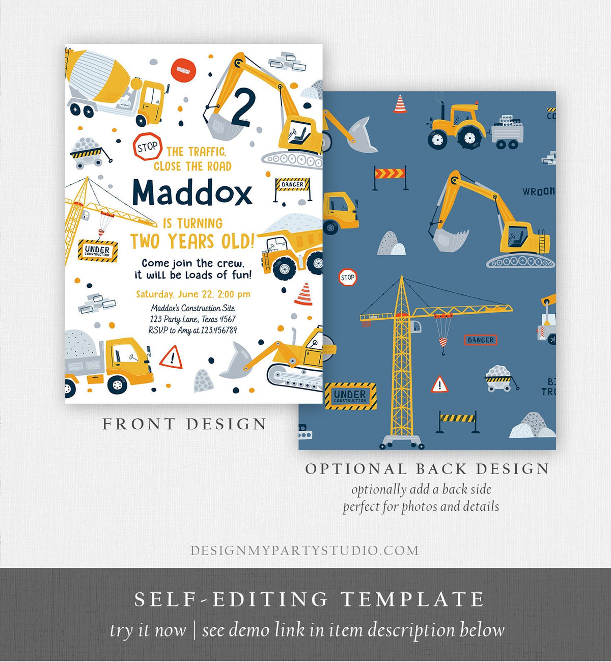 Editable Construction Birthday Invitation Yellow Dump Truck Excavator Digger Party Boy Digital Download Evite Template Printable 0458