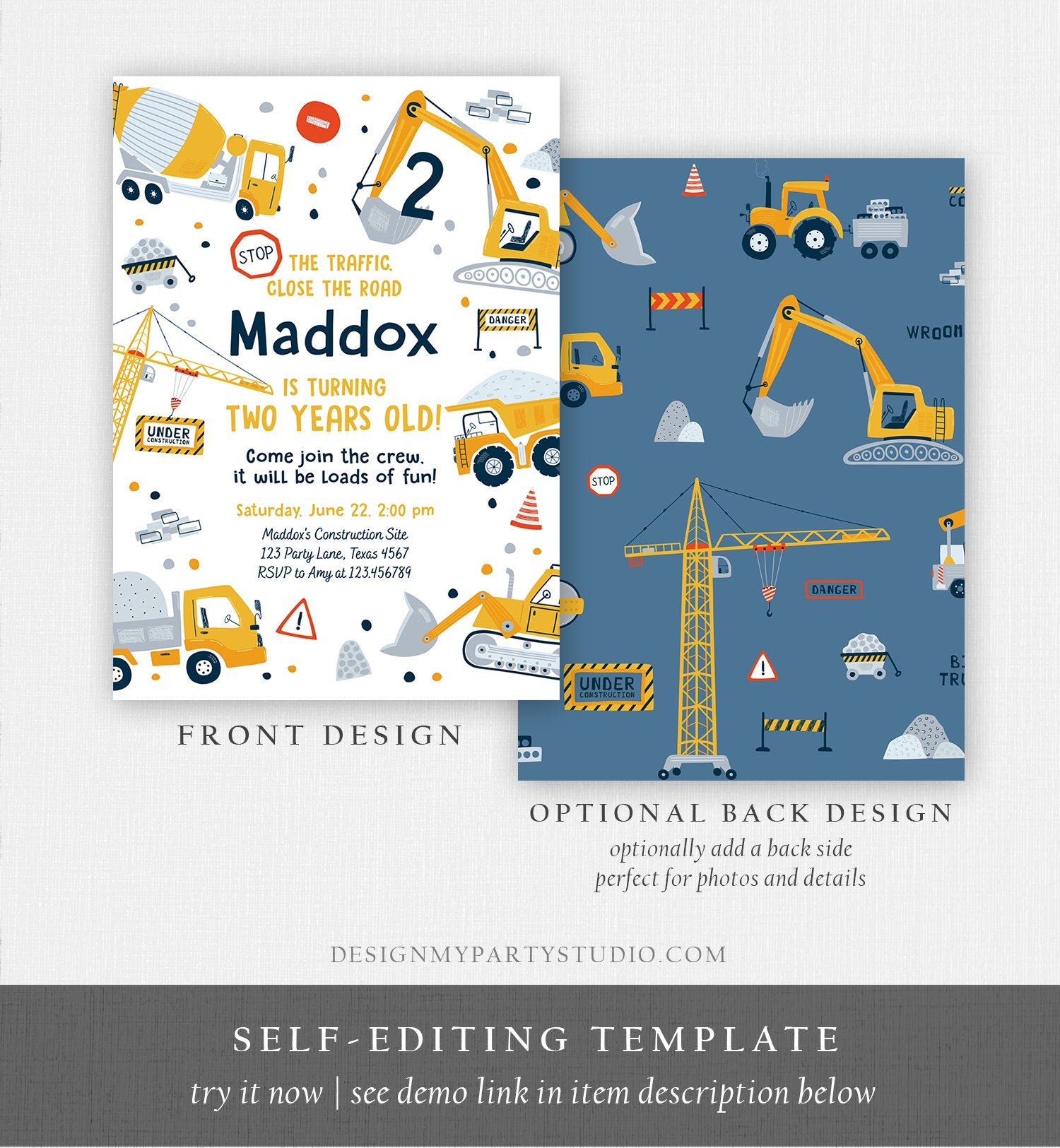 Editable Construction Birthday Invitation Yellow Dump Truck Excavator Digger Party Boy Digital Download Evite Template Printable 0458