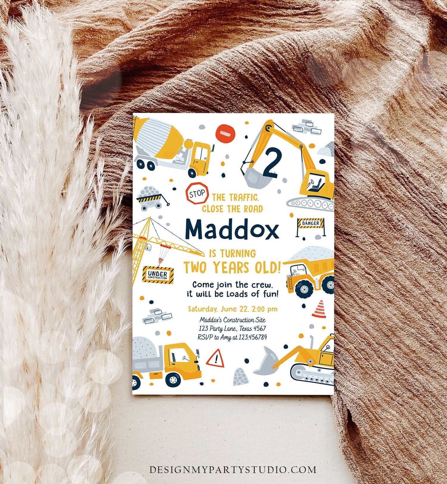 Editable Construction Birthday Invitation Yellow Dump Truck Excavator Digger Party Boy Digital Download Evite Template Printable 0458