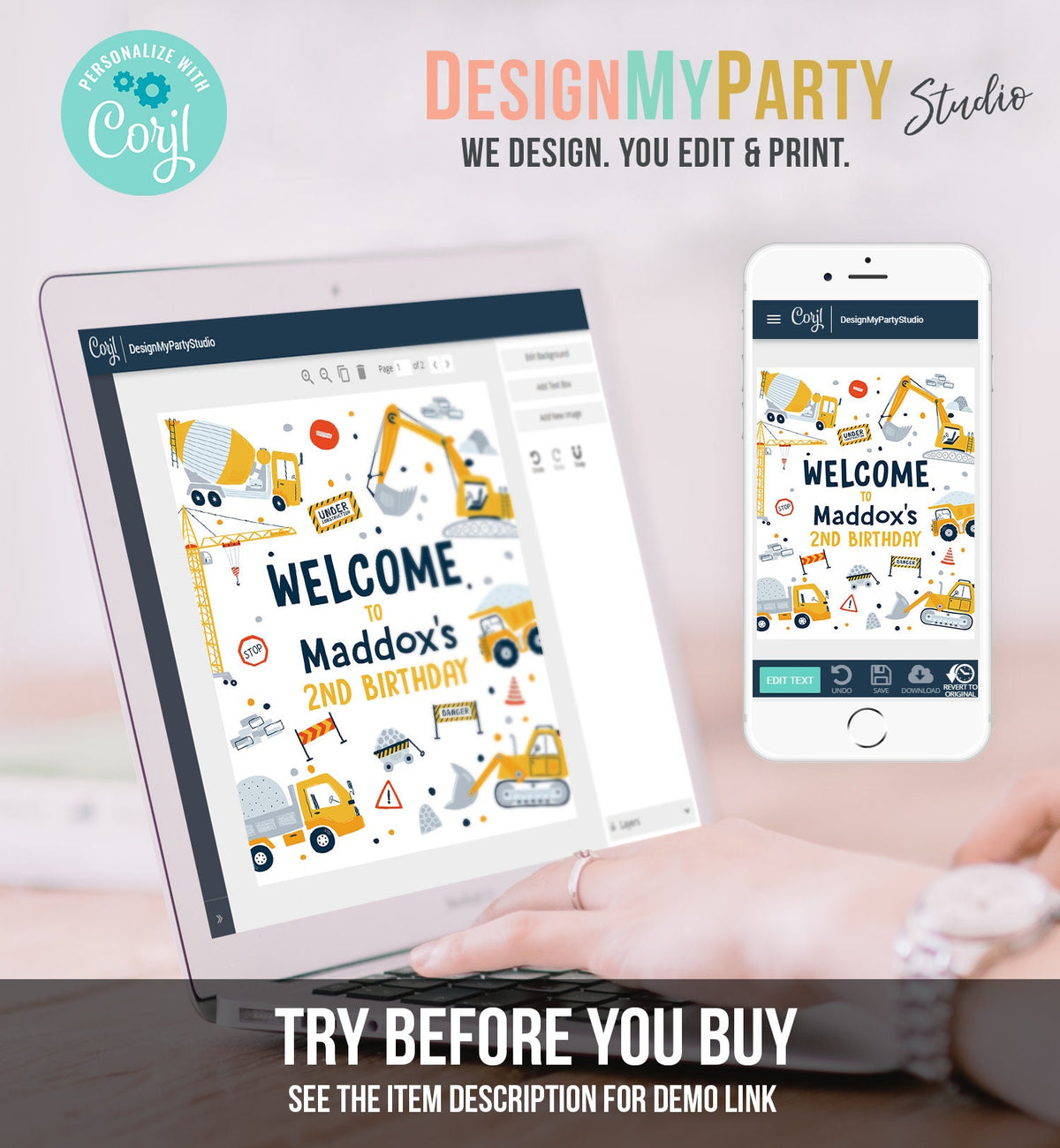 Editable Construction Birthday Welcome Sign Yellow Dump Truck Construction Sign Digger Boy Construction Digital Template Printable 0458