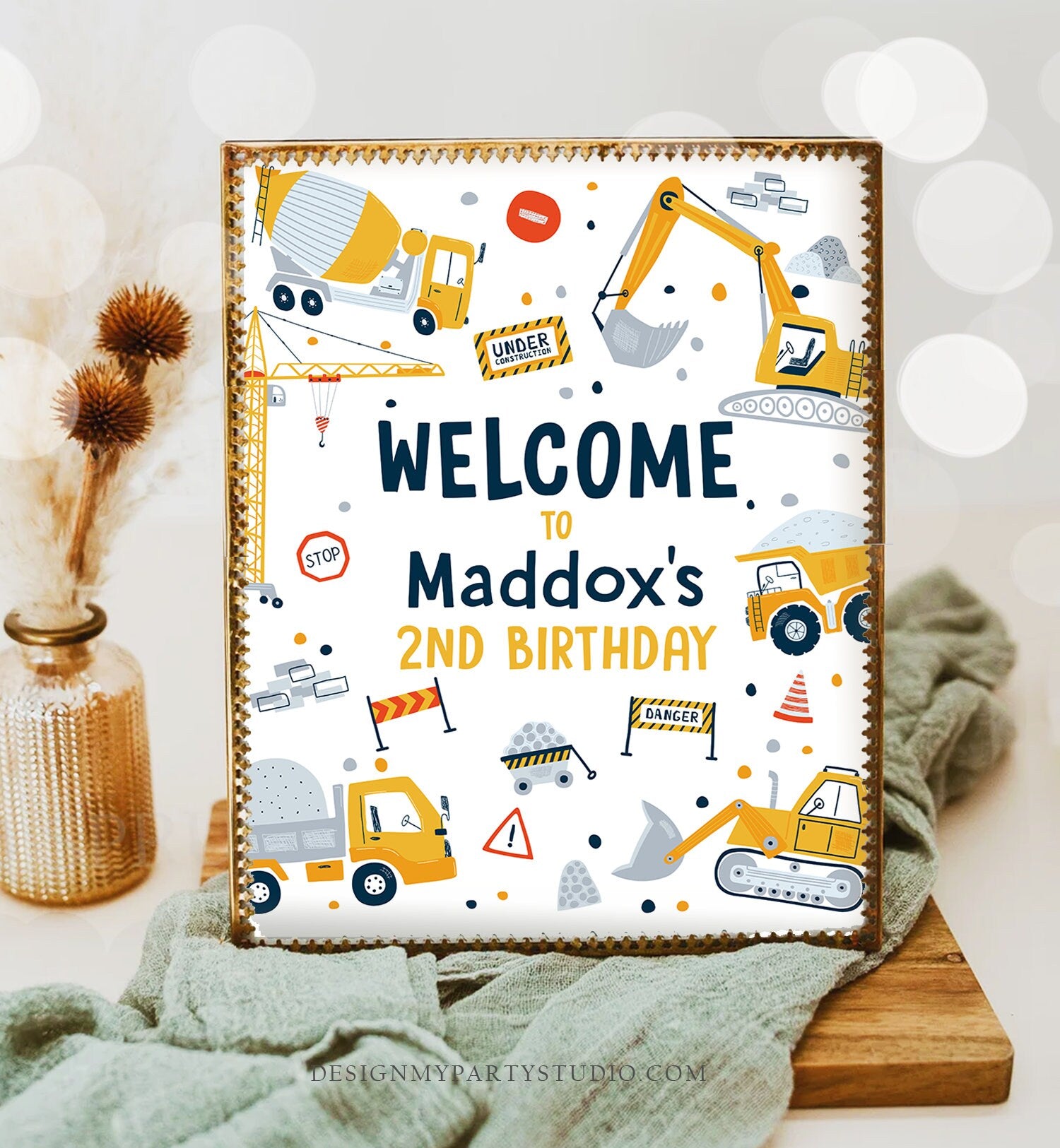 Editable Construction Birthday Welcome Sign Yellow Dump Truck Construction Sign Digger Boy Construction Digital Template Printable 0458