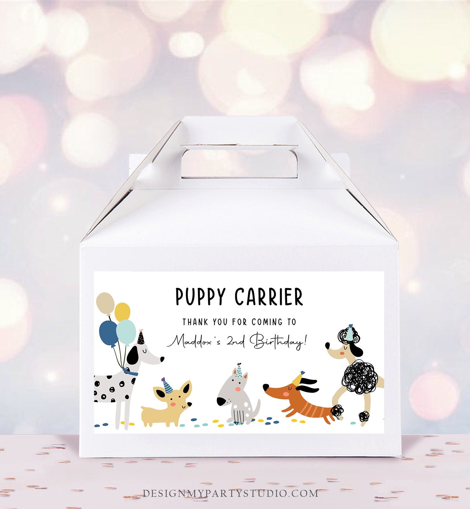 Editable Puppy Carrier Box Favor Label Puppy Birthday Favor Box Label Boy Blue Adopt a Puppy Pet Pawty Digital Download Printable Corjl 0429