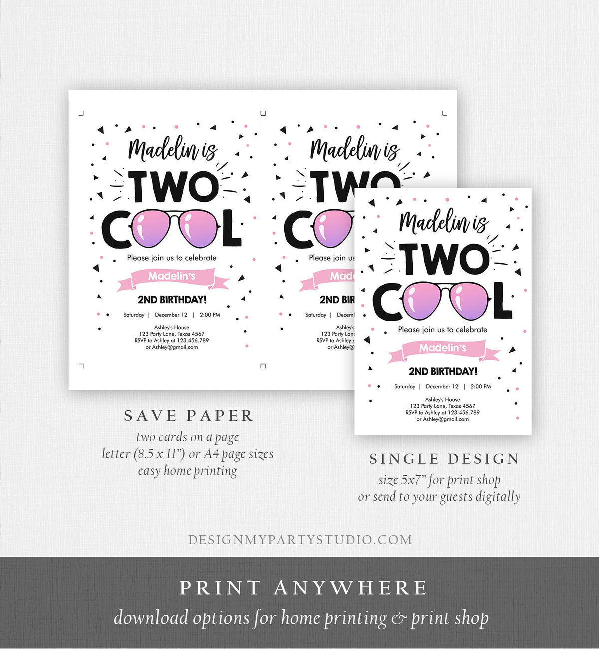 Editable Two Cool Birthday Invitation Girl Second Birthday Party 2nd I&#39;m this Many I&#39;m Two Cool Sunglasses Digital Template Printable 0136