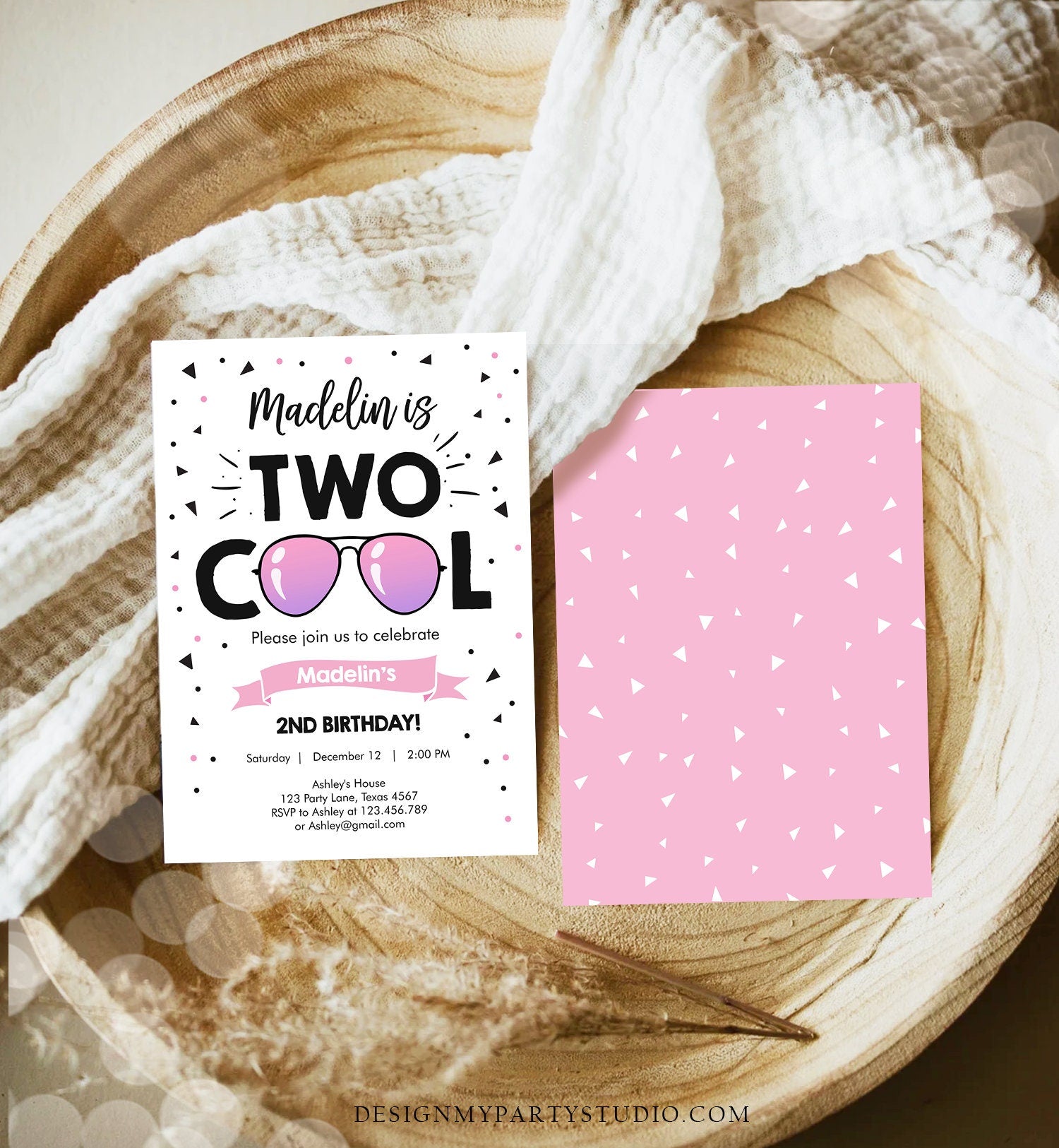 Editable Two Cool Birthday Invitation Girl Second Birthday Party 2nd I'm this Many I'm Two Cool Sunglasses Digital Template Printable 0136