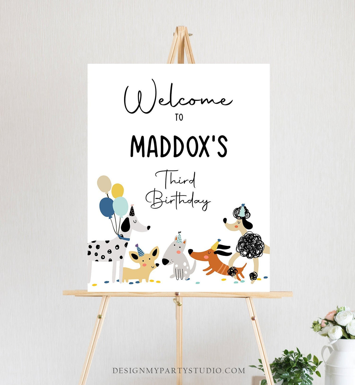 Editable Puppy Dog Birthday Party Welcome Sign Puppy Birthday Pet Dog Simple Modern Birthday Pawty Boy Blue Template Corjl PRINTABLE 0429