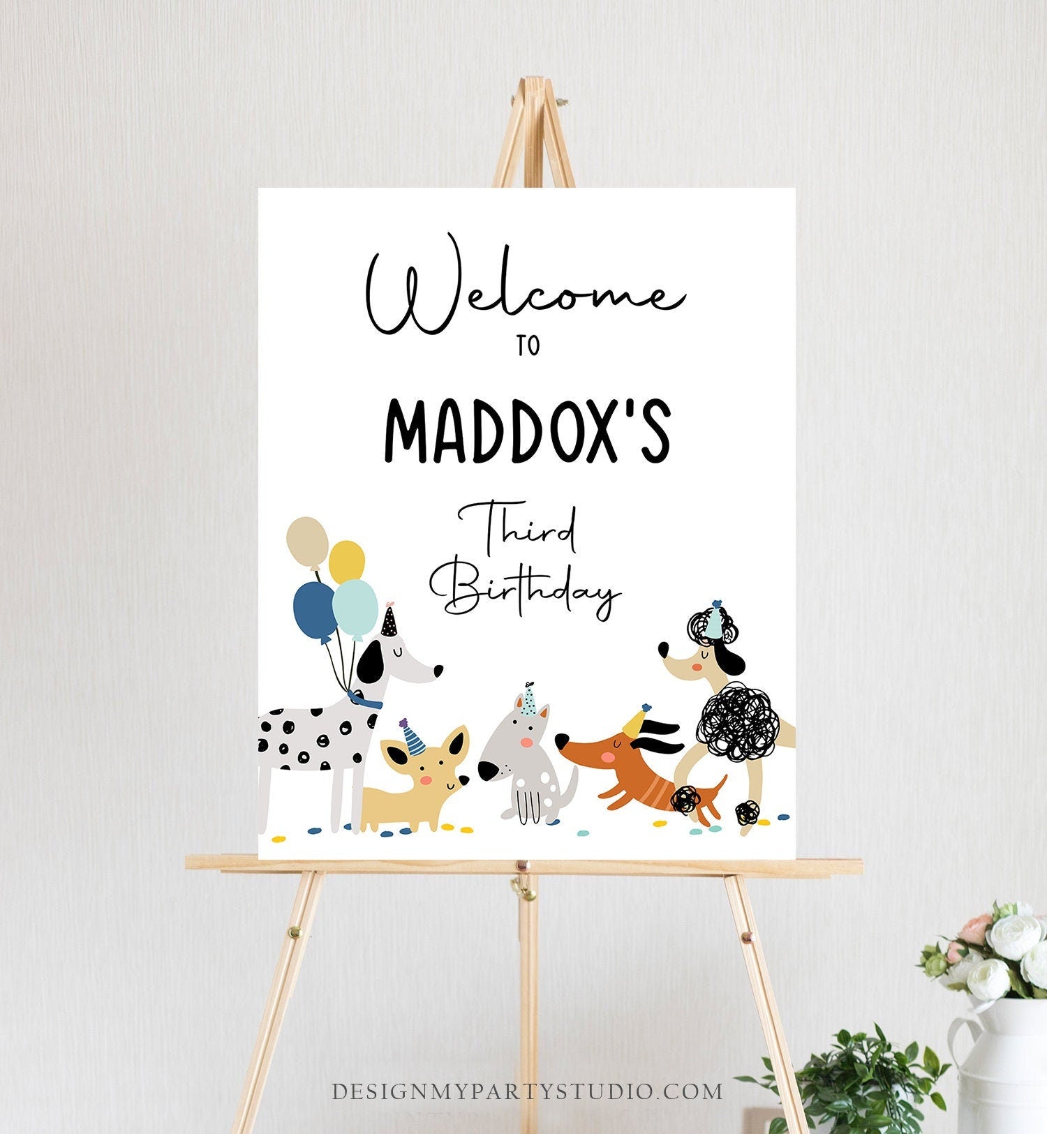 Editable Puppy Dog Birthday Party Welcome Sign Puppy Birthday Pet Dog Simple Modern Birthday Pawty Boy Blue Template Corjl PRINTABLE 0429