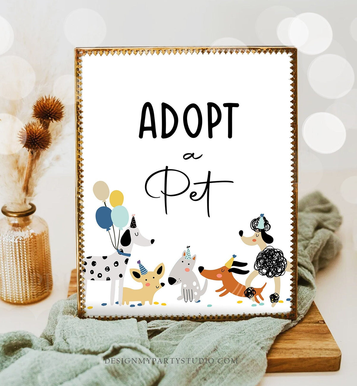 Adopt a Pet Birthday Sign Table Decor Dog Birthday Party Blue Boy Puppy Adoption Sign Vet Pawty Decor Table Sign Download Printable 0429