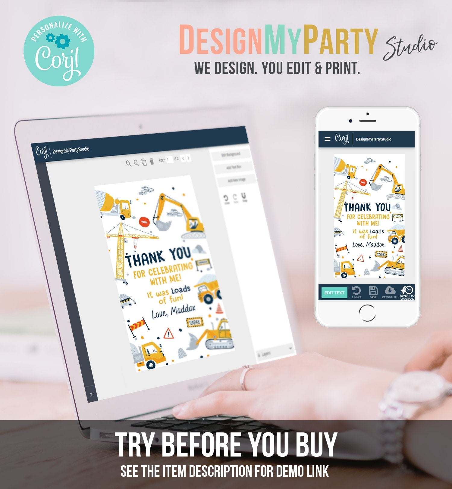 Editable Construction Thank You Tags Construction Birthday Favor Tags Boy Dump Truck Digger Party Download Printable Corjl Template 0458